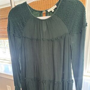 Moon River Dark Green Long Sleeve Smocked Yoke Dress